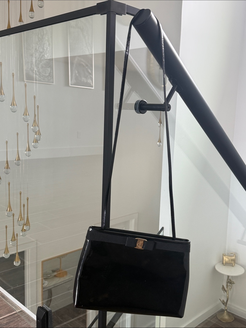 Salvatore Ferragamo Black Patent Shoulder Bag With Gold Accent